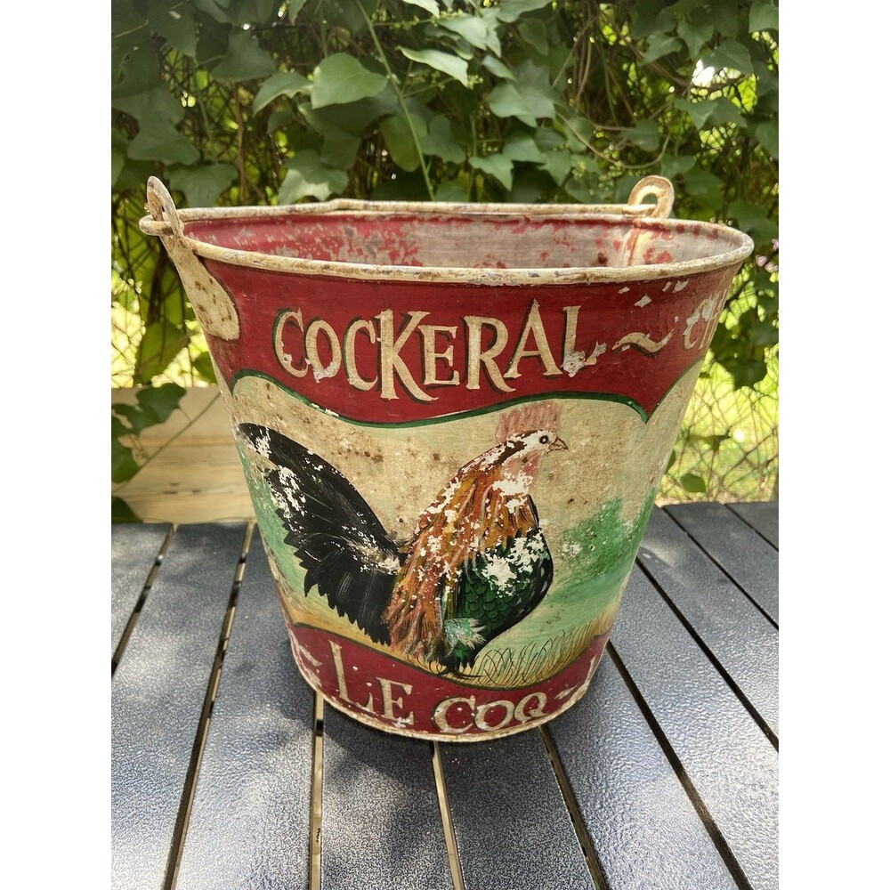 Vintage French English EGGS Bucket Hand Painted Folk Art Farmhouse 10” Tall